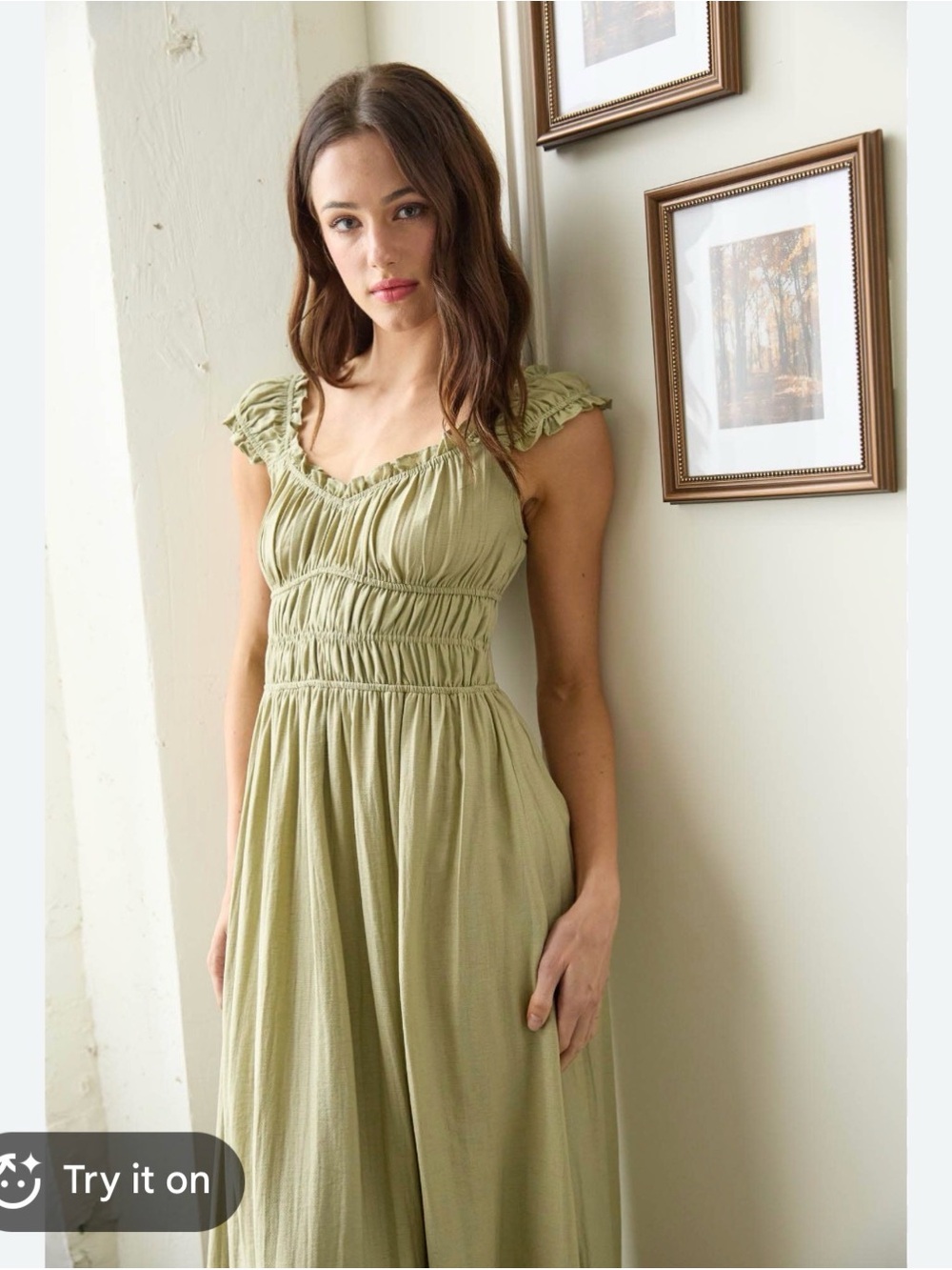 Blu Pepper Smocked Ruffle-Strap Maxi Dress in Sage Green